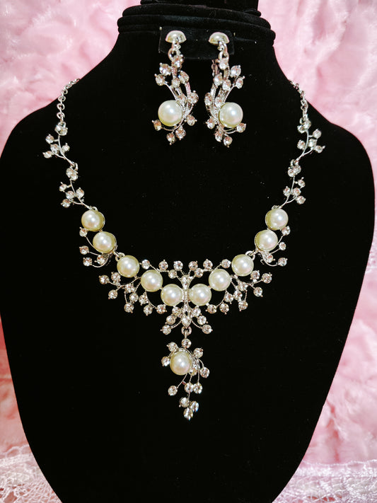 Silver-Tone Pearl & Crystal Vine Necklace & Earring Set