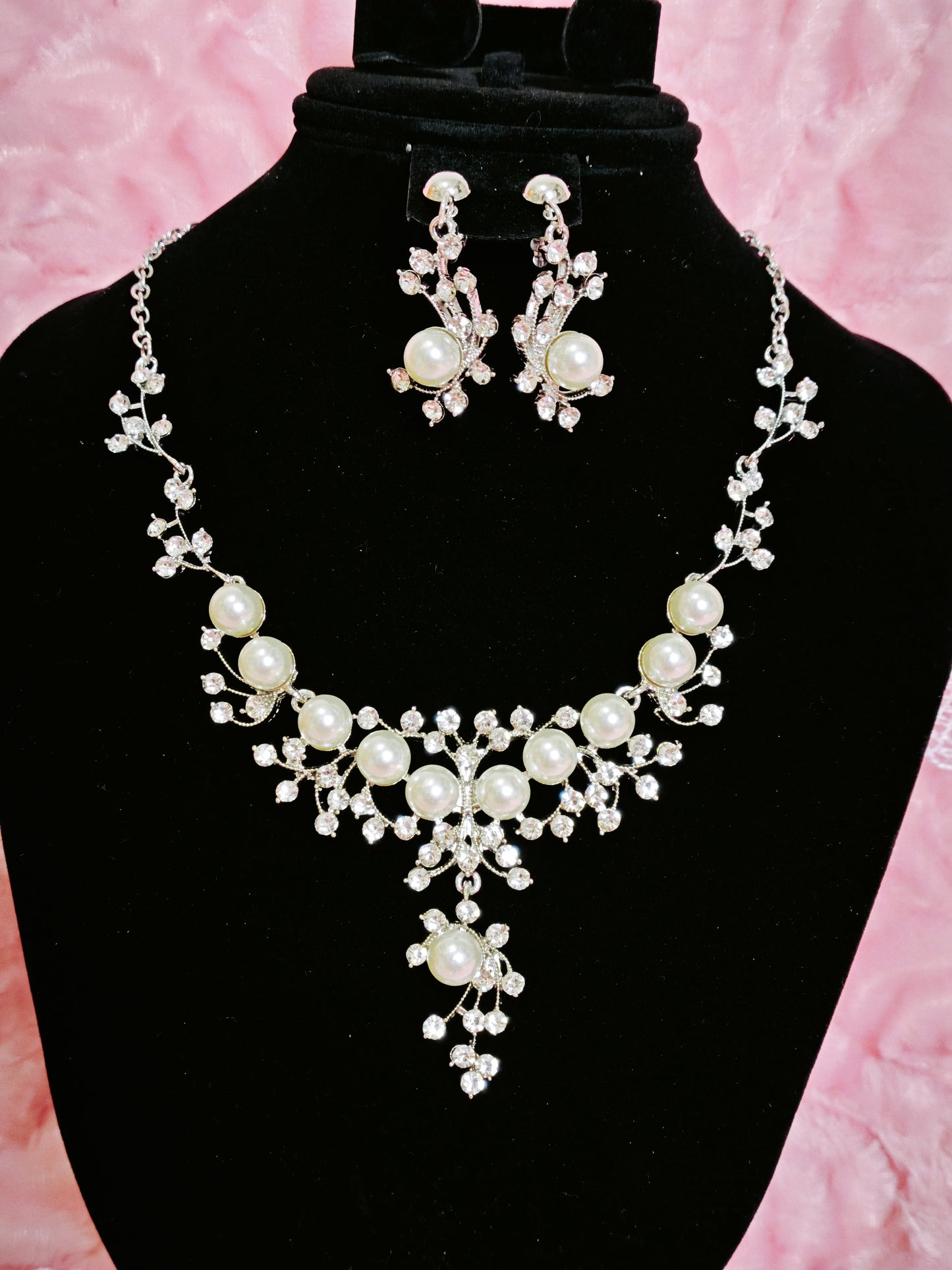 Silver-Tone Pearl & Crystal Vine Necklace & Earring Set