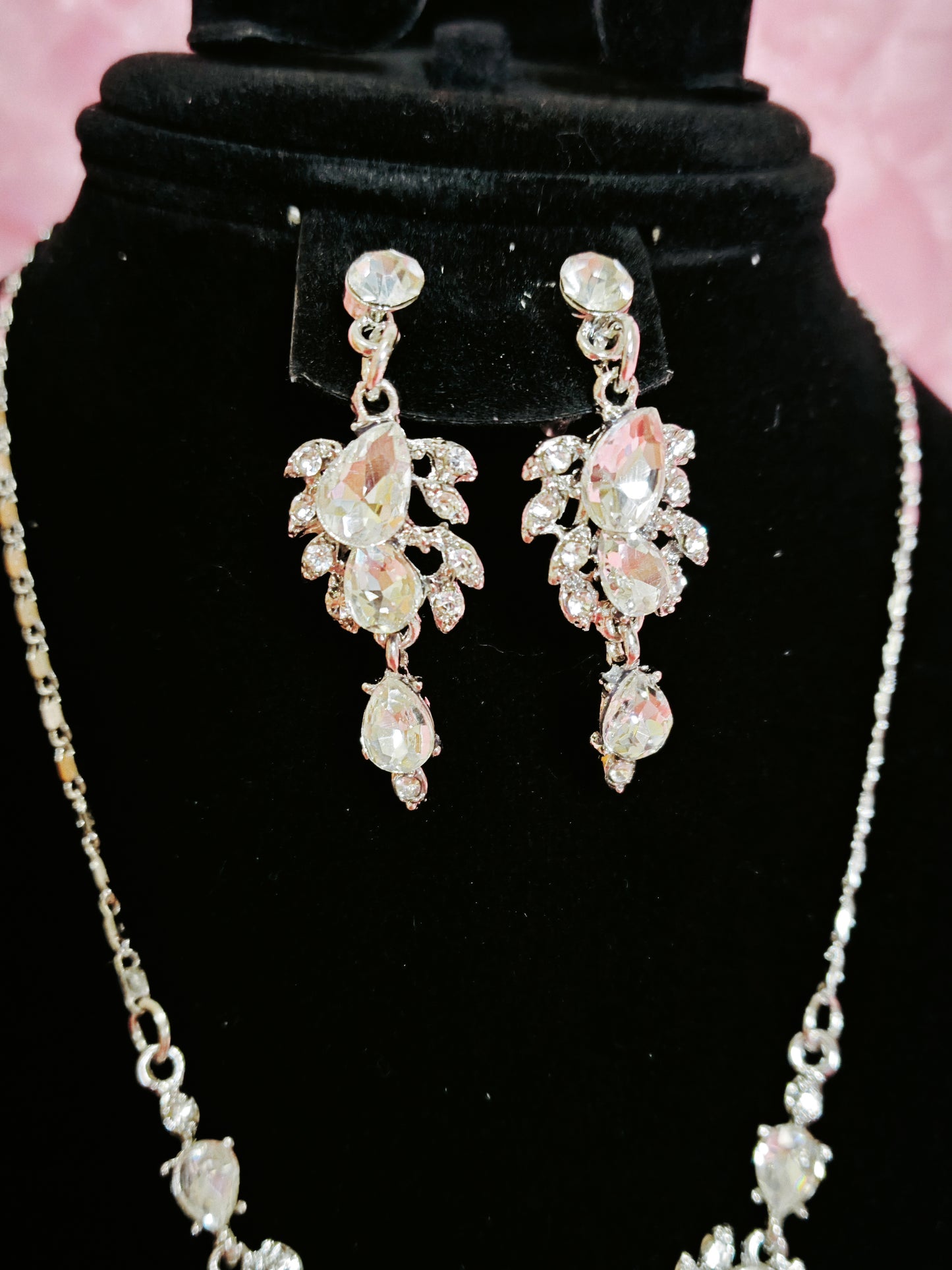 Silver Blush Crystal Leaf Cluster Necklace & Earring Set