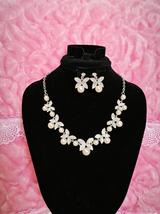 Crystal Butterfly & Pearl Cluster Necklace & Earring Set