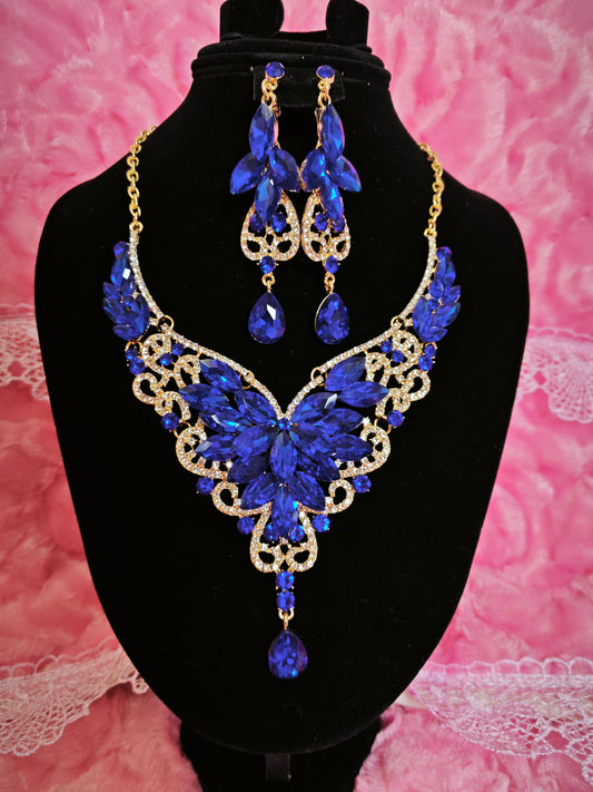 Gilded Cobalt Blue Gem Filigree Necklace & Earring Set