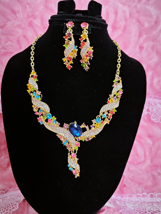 Gilded Multi-Color Gem Wing Necklace & Earring Set