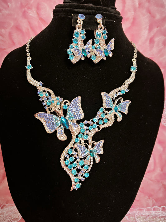 Silver Aqua-Blue Gem Butterfly Necklace & Earring Set