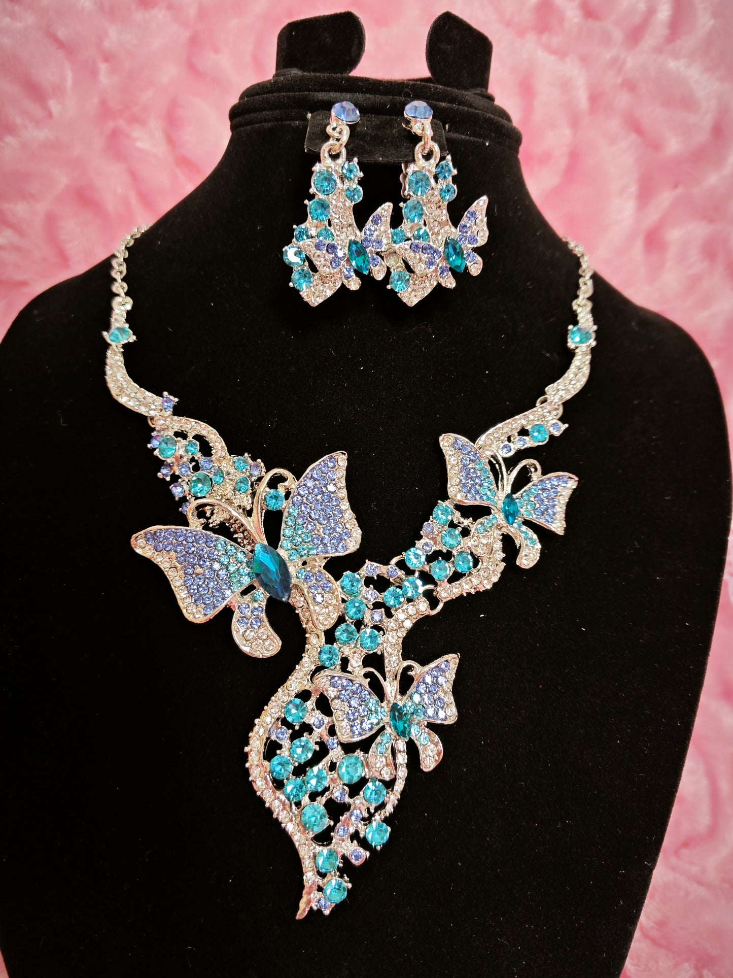 Silver Aqua-Blue Gem Butterfly Necklace & Earring Set