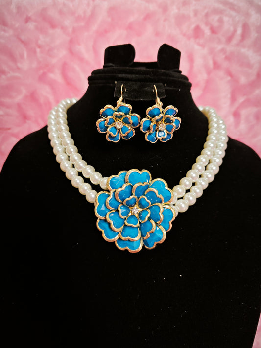 Gilded Turquoise Enamel Flower Pearl Necklace & Earring Set
