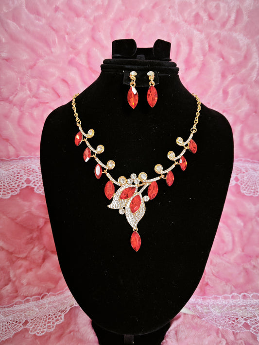 Gilded Red Gem Leaf & Teardrop Necklace & Earring Set