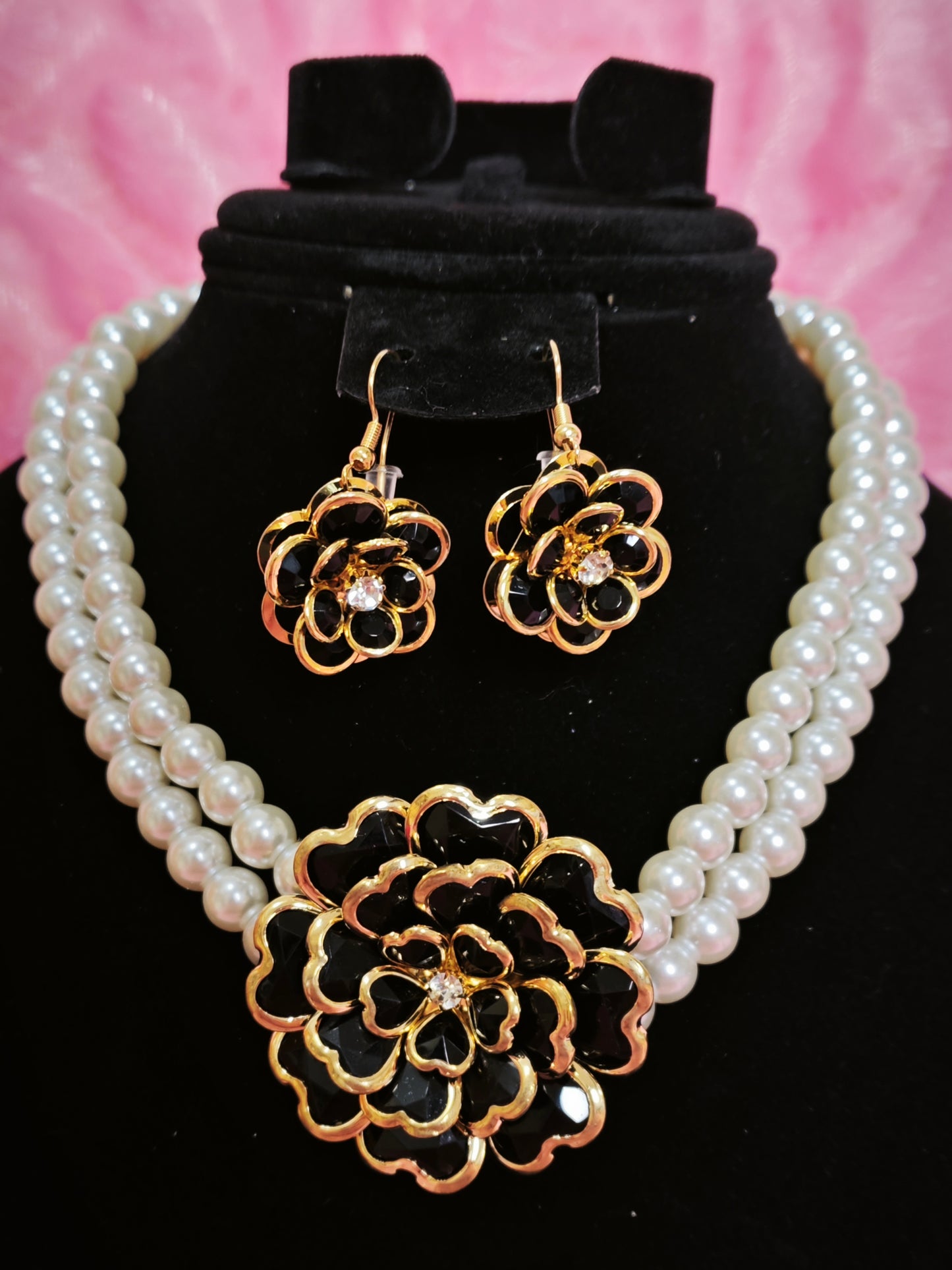 Gilded Black Enamel Camellia Pearl Necklace & Earring Set