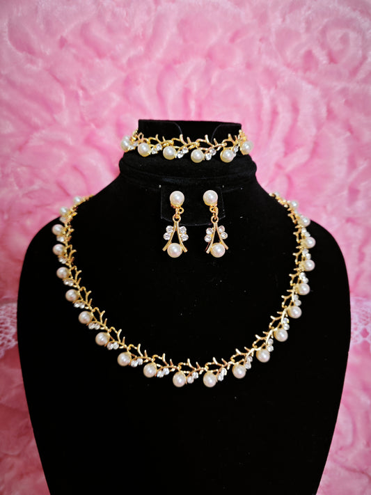 Gilded Pearl & Crystal Twig Necklace & Earring Set