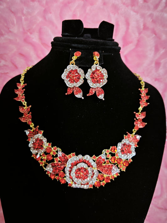 Gilded Red Enamel Camellia Cluster Necklace & Earring Set