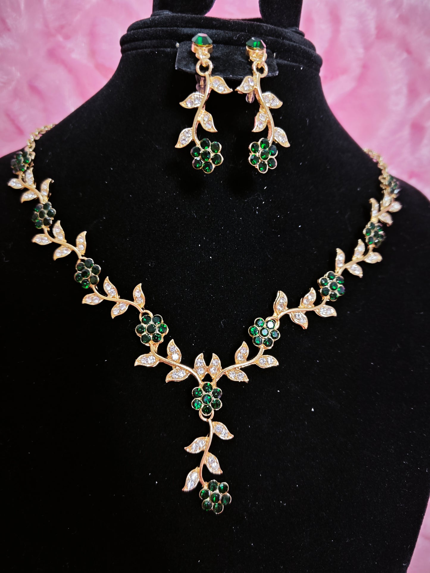 Gilded Emerald & Crystal Floral Twig Necklace & Earring Set