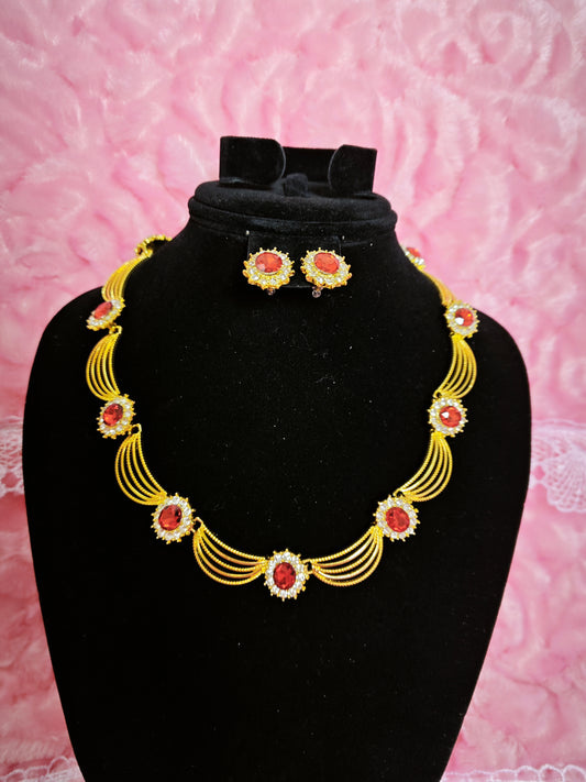Gilded Ruby & Crystal Woven Necklace & Earring Set