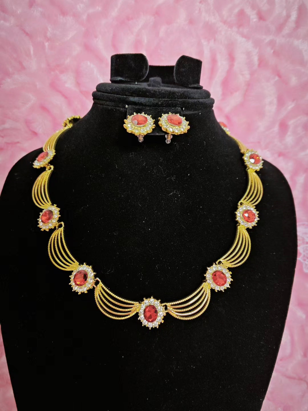 Gilded Ruby & Crystal Woven Necklace & Earring Set