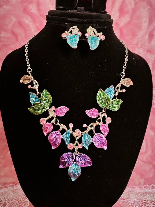 Silver Pastel Enamel Ivy Leaf Necklace & Earring Set