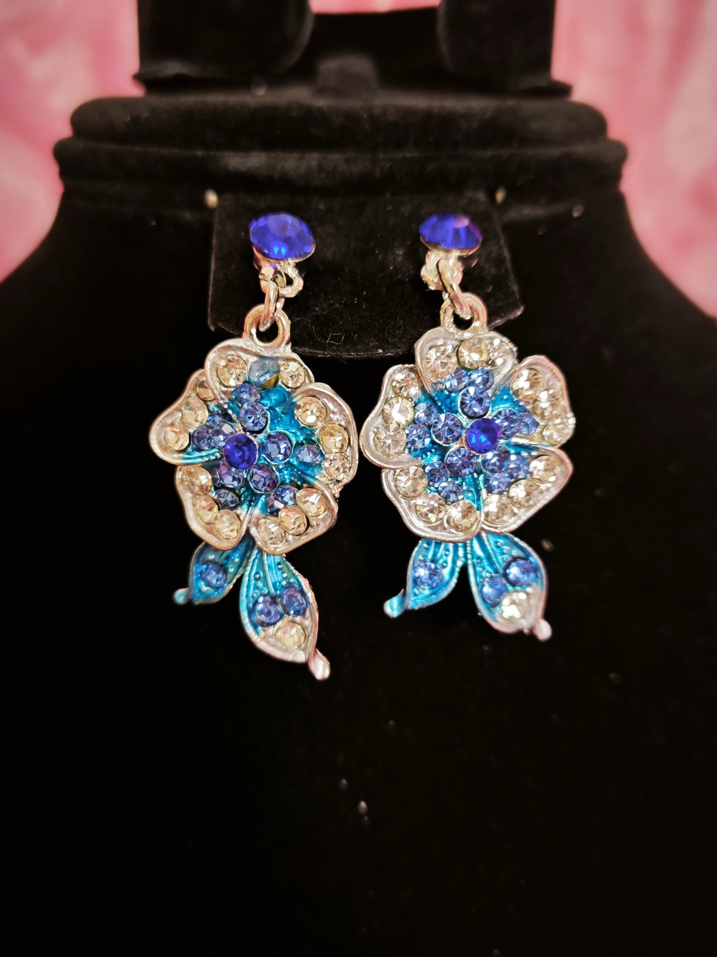 Silver Blue Enamel Floral & Crystal Necklace & Earring Set