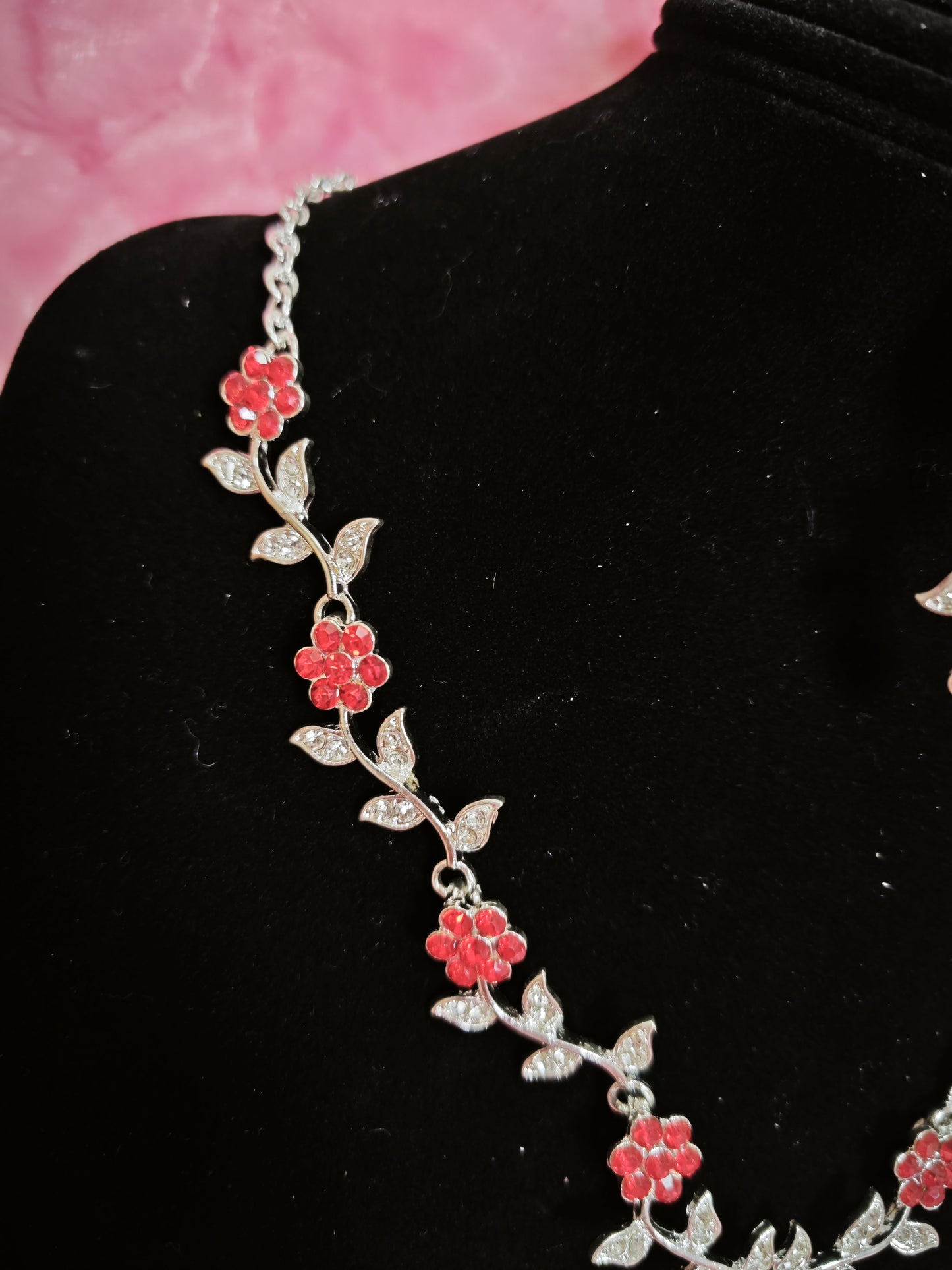 Silver Red Gem & Crystal Floral Twig Necklace & Earring Set