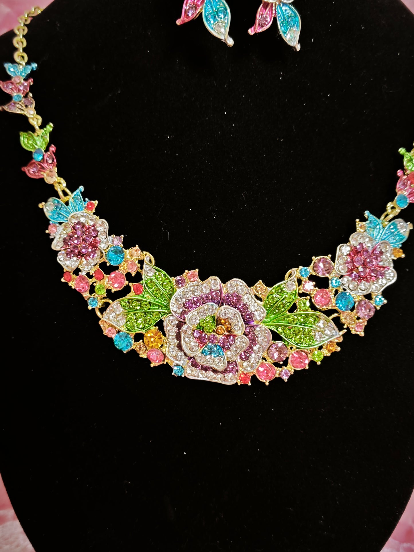 Gilded Rainbow Enamel Floral & Crystal Necklace & Earring Set