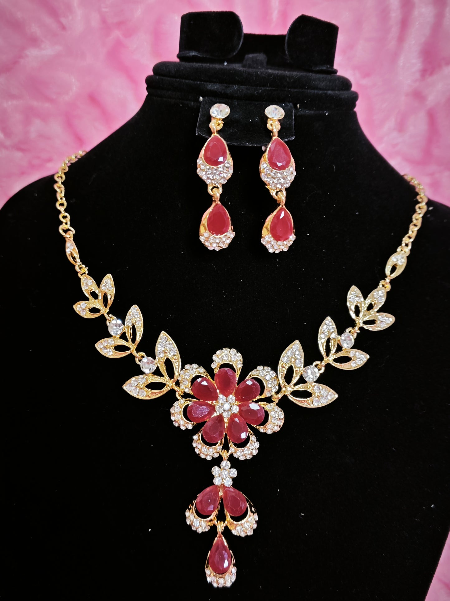 Gilded Ruby & Crystal Floral Necklace & Earring Set