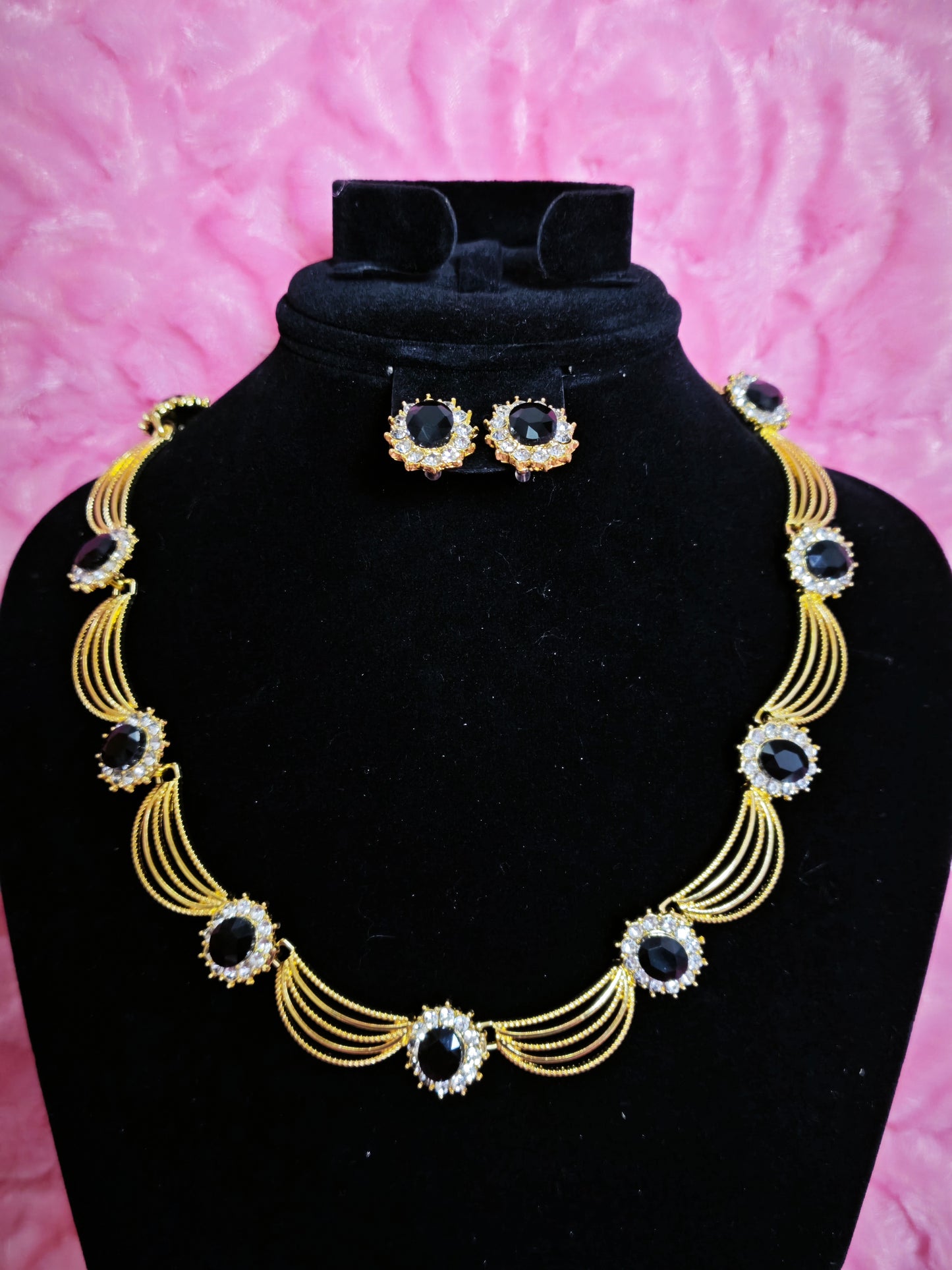 Gilded Black Diamond & Crystal Woven Necklace & Earring Set
