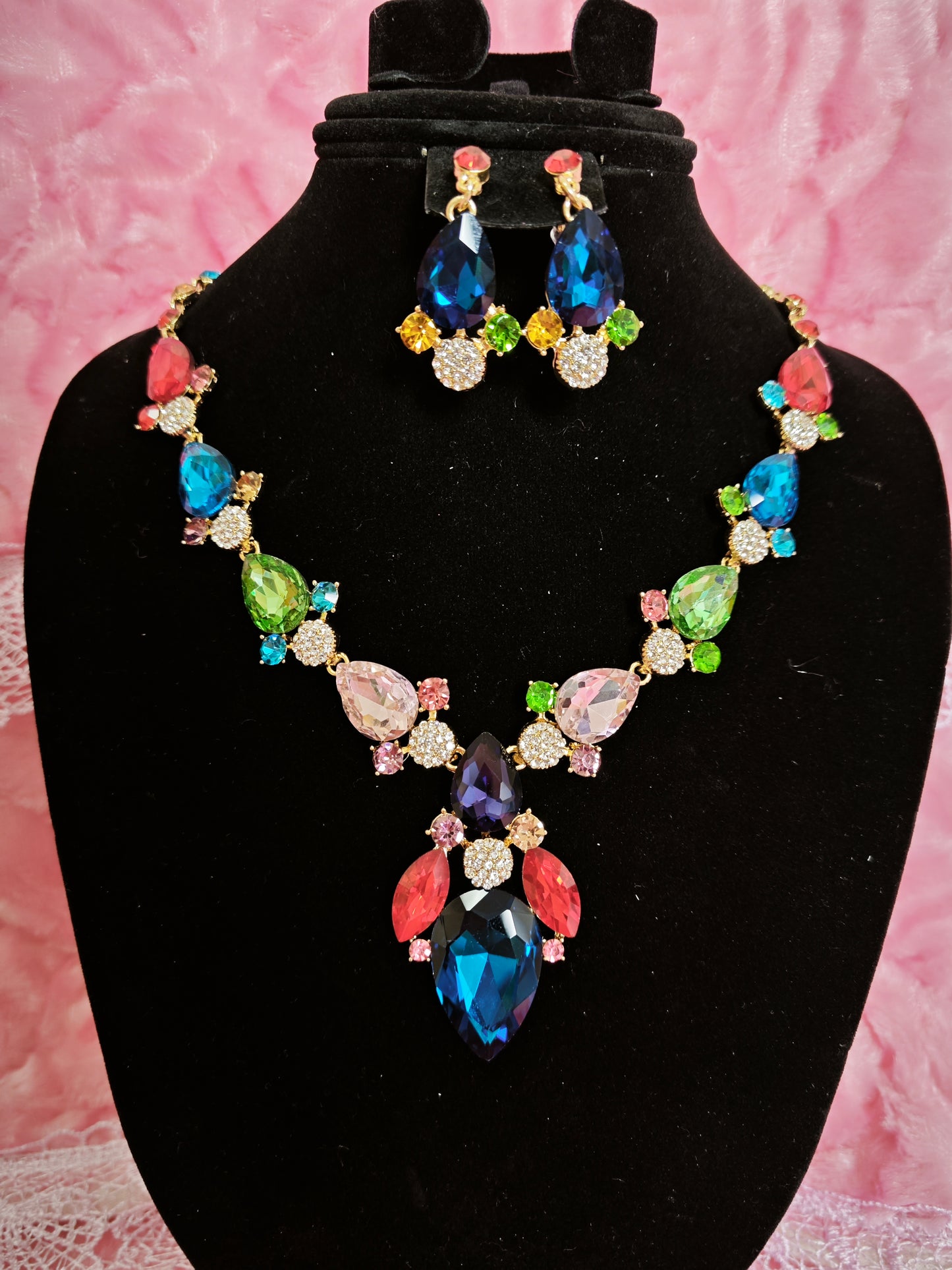 Gilded Multi-Color Crystal Drop Necklace & Earring Set