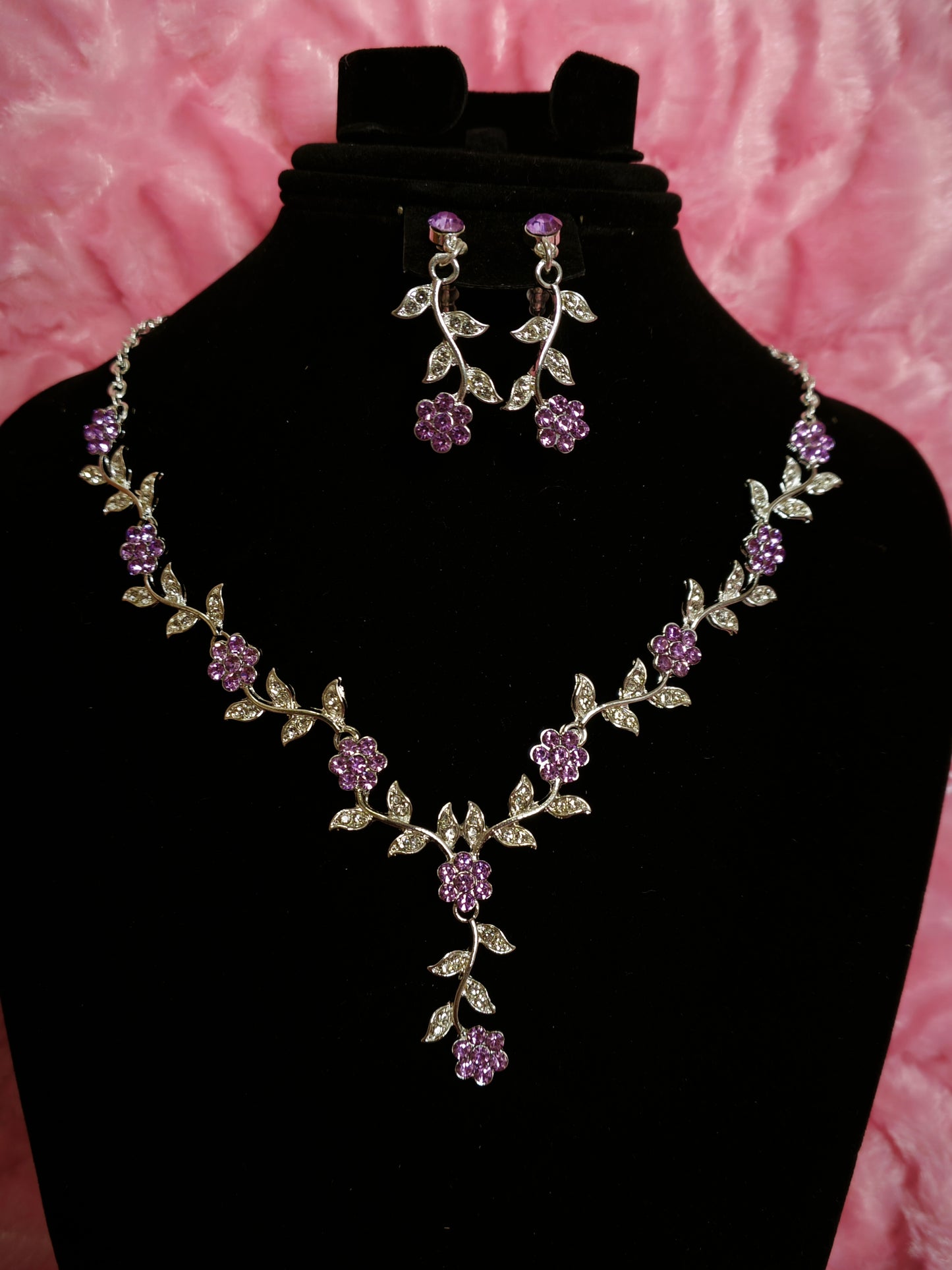 Silver Amethyst & Crystal Floral Twig Necklace & Earring Set