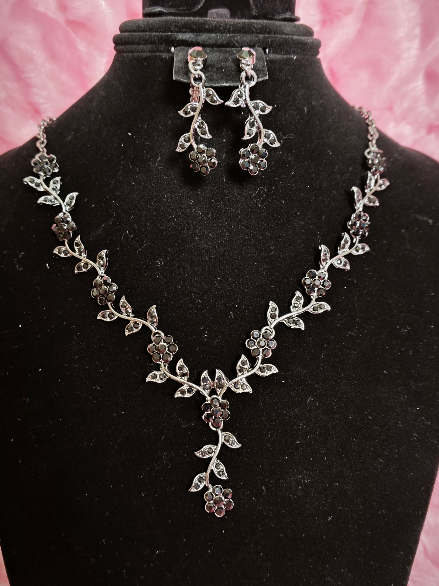 Mysterious Black Crystal Flower Vine Statement Jewelry Set