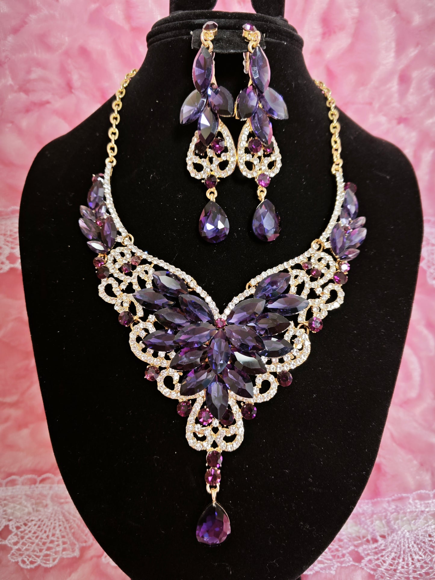 Gilded Amethyst & Crystal Floral Necklace & Earring Set