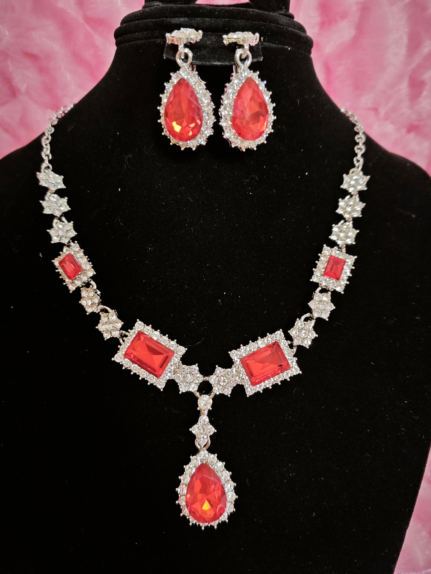 Silver Red Crystal & Diamond Geometric Necklace & Earring Set