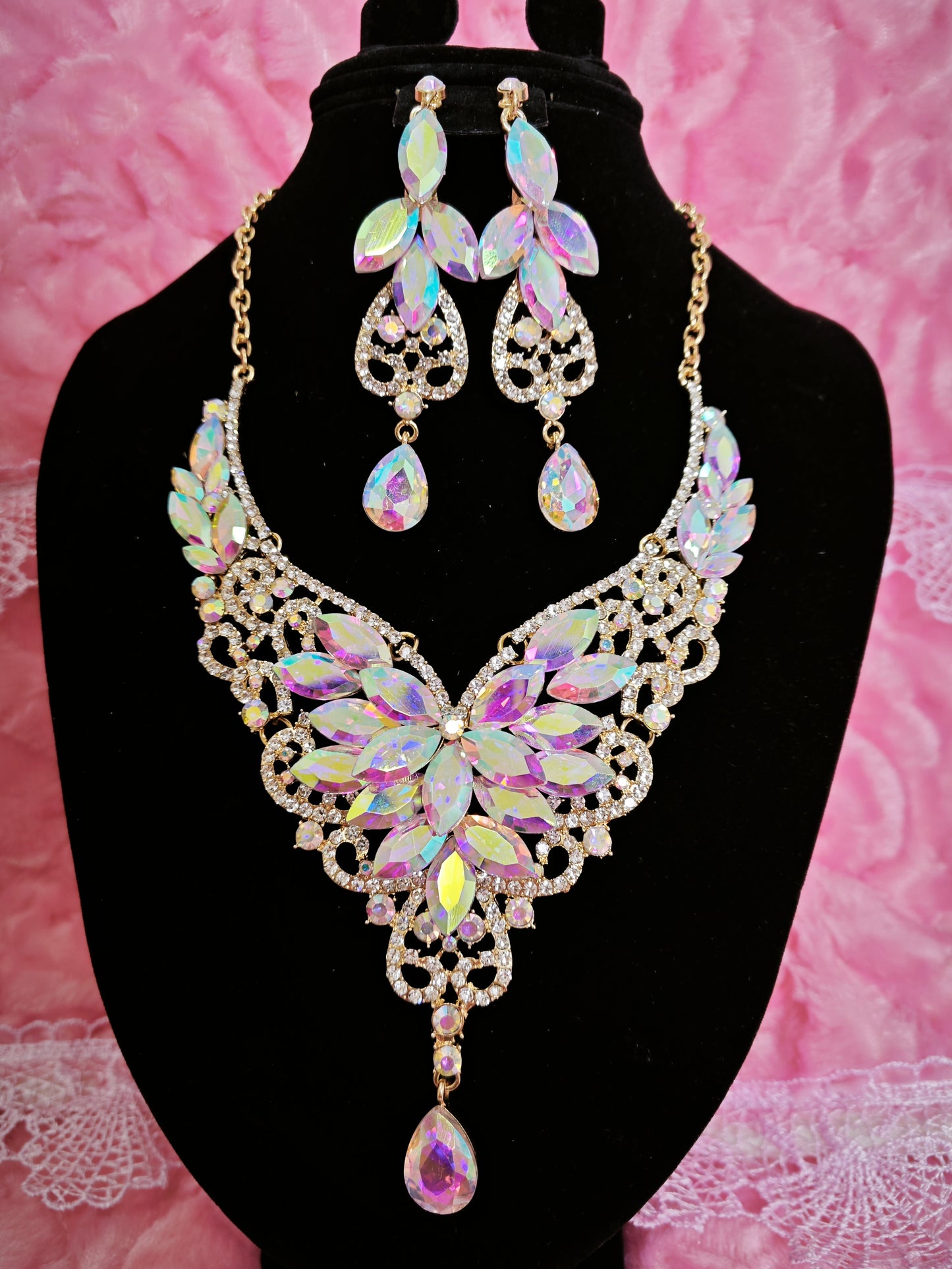 Gilded Iridescent Crystal Floral Necklace & Earring Set