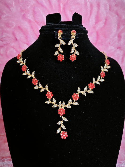 Vibrant Coral Flower Vine Statement Jewelry Set