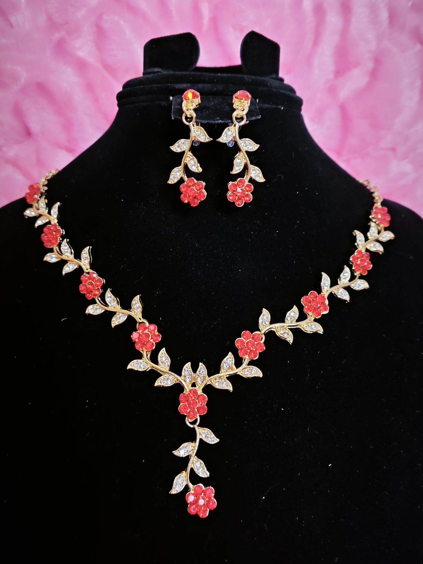 Vibrant Coral Flower Vine Statement Jewelry Set