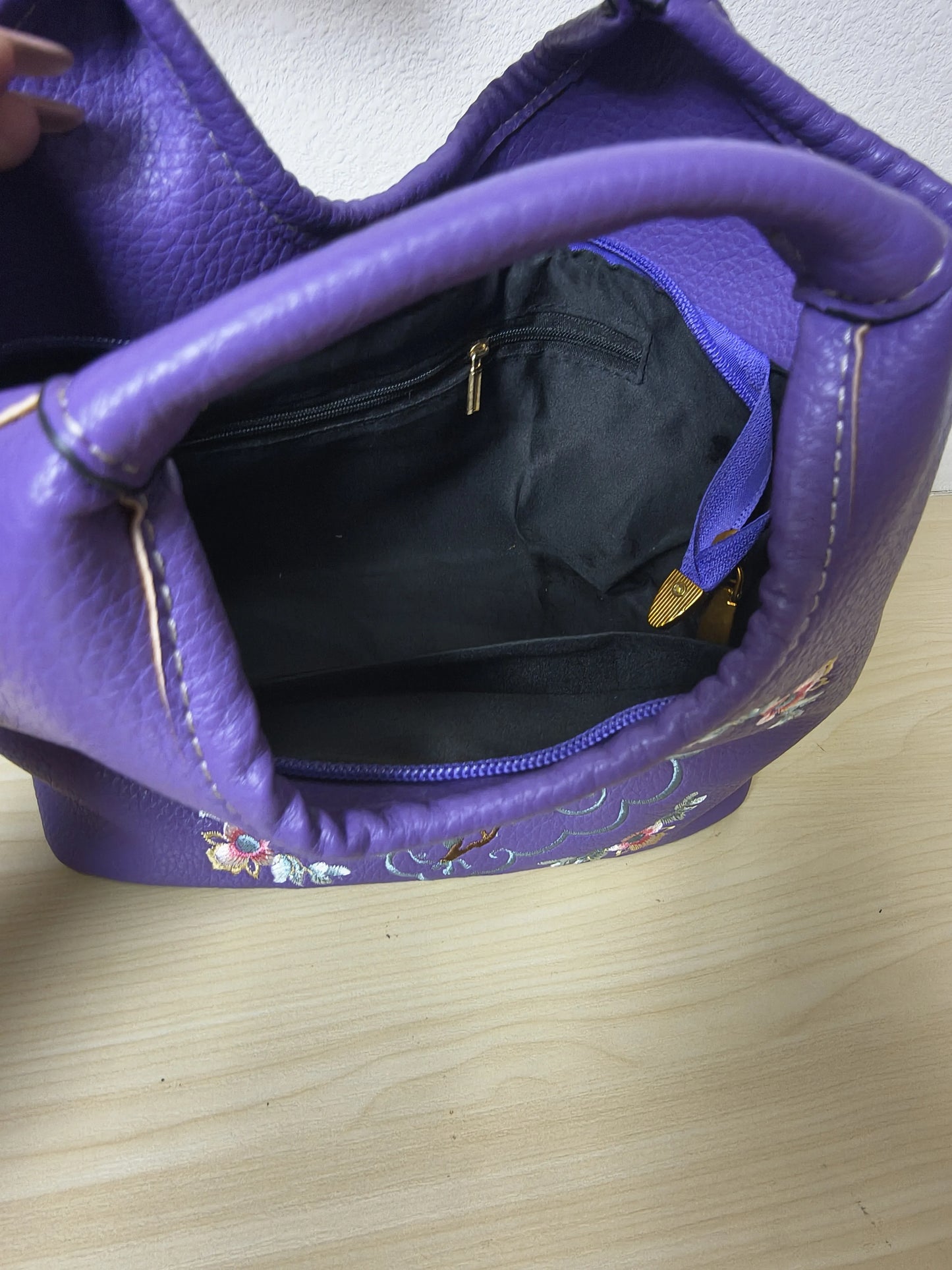 Deep Purple Peony Floral Embroidery Bucket Bag (E11)
