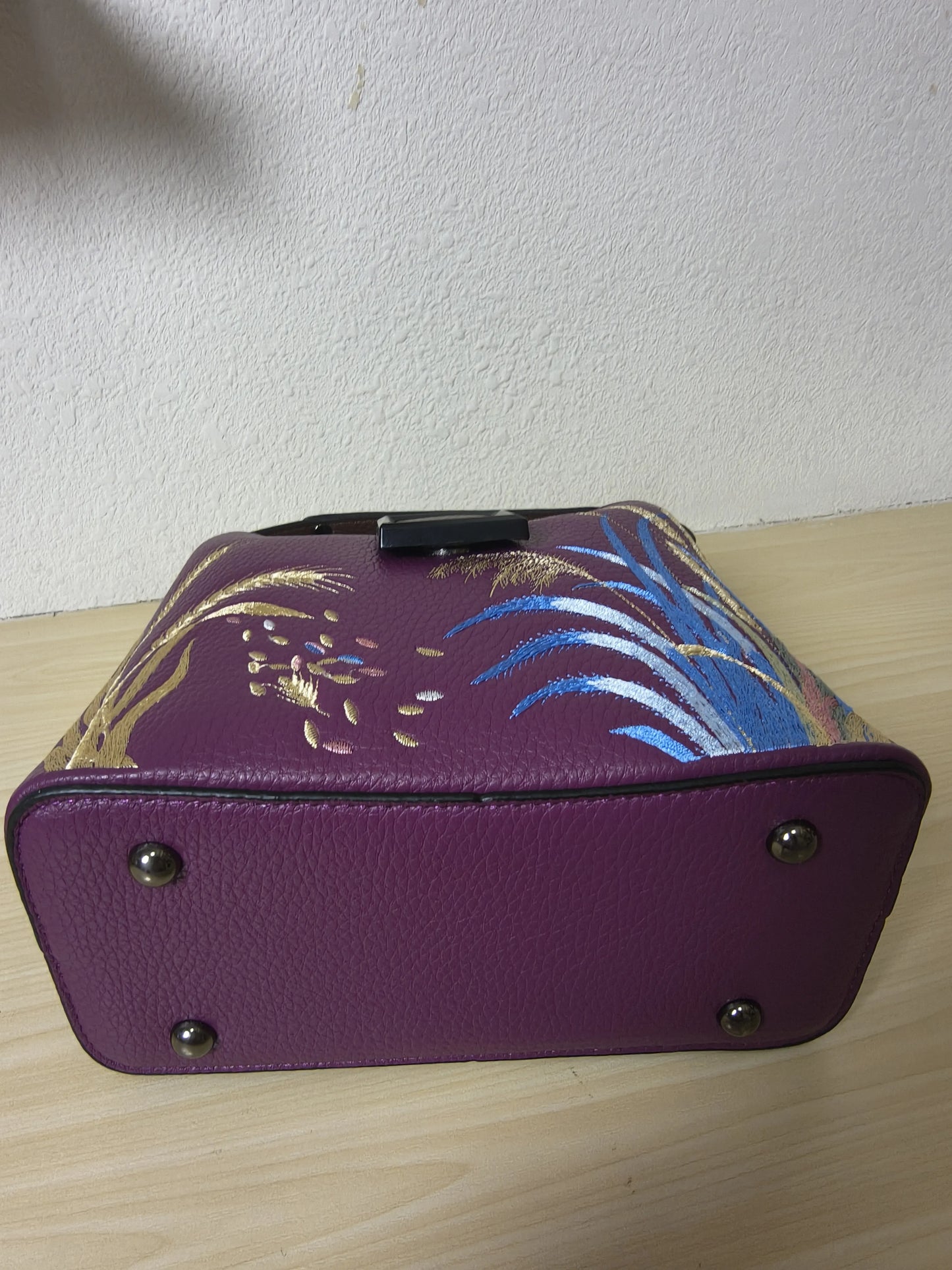 Deep Purple Golden Wheat & Grass Embroidery Mini Bucket Bag (E17)