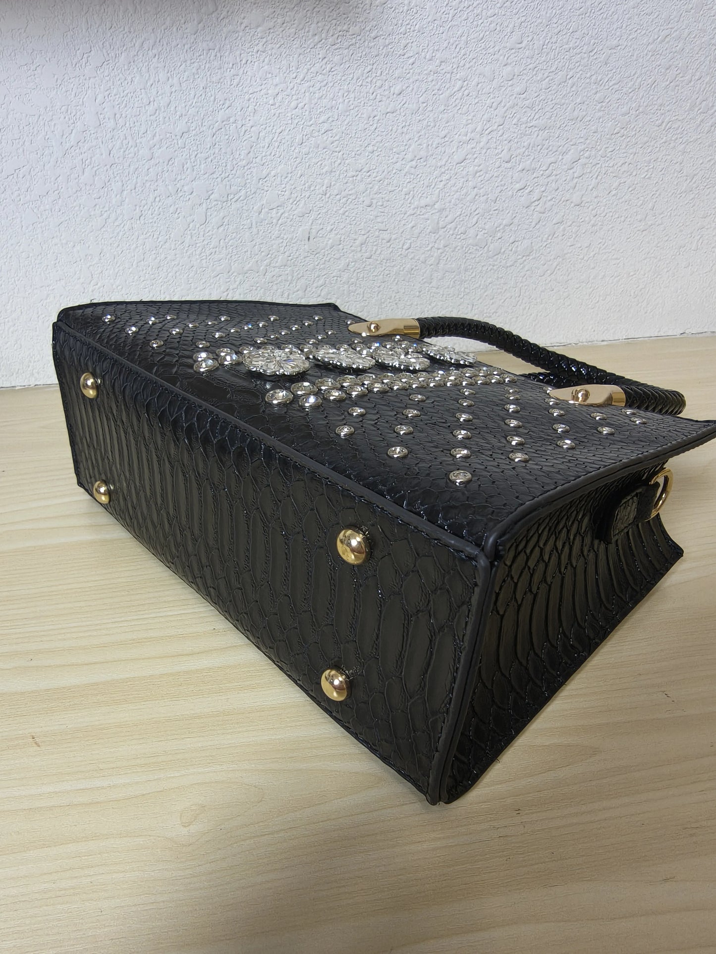Black Structured Python Embossed Crystal Flower Tote Bag (E47)