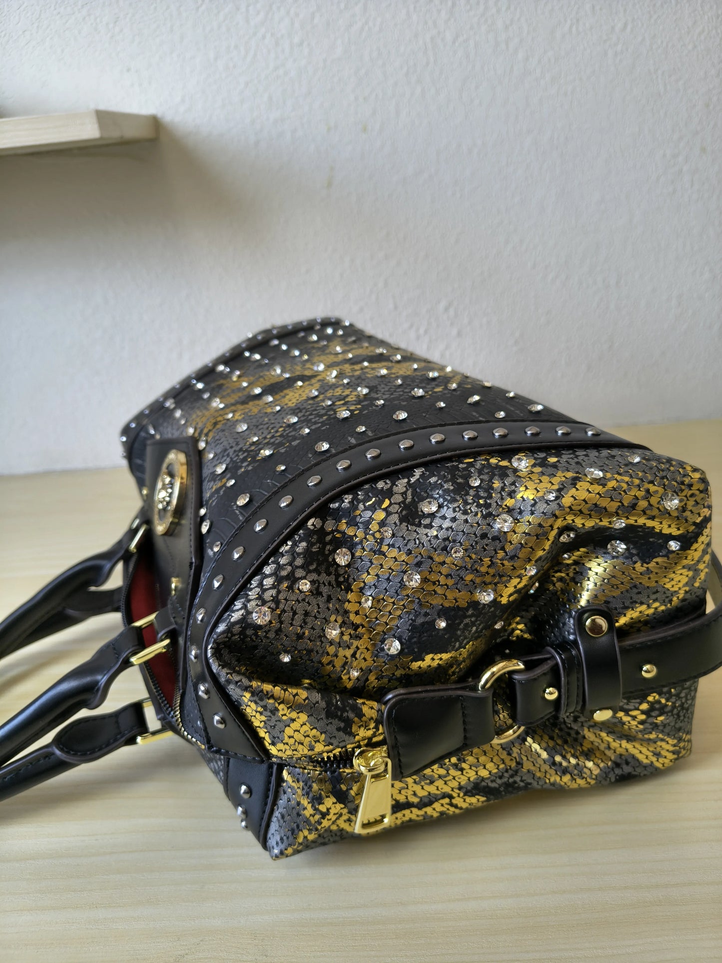 Black Python Embossed Rhinestone Boston Bag (E63)