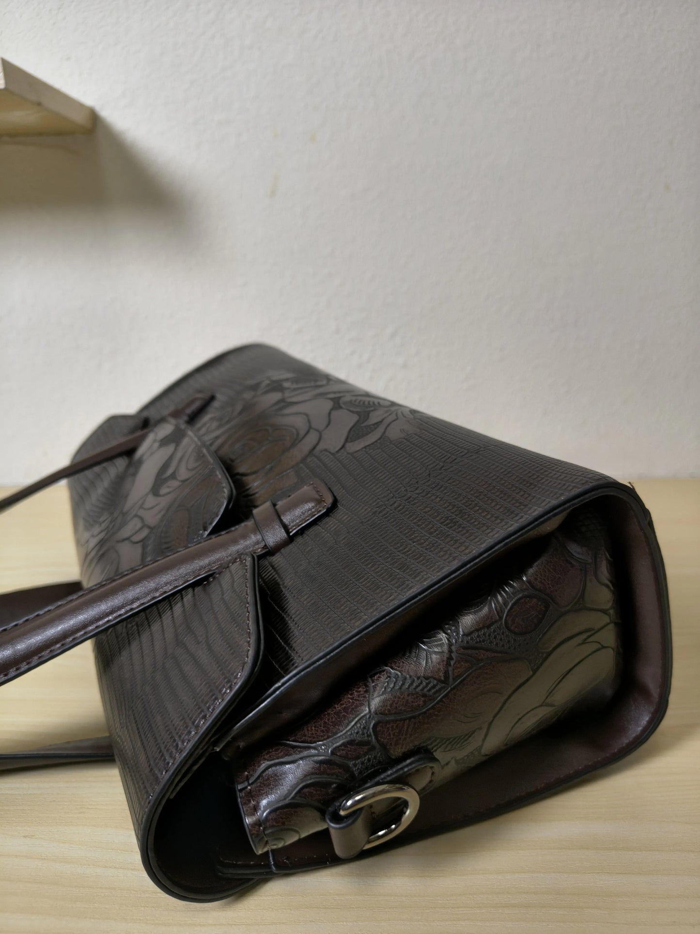 Brown Lizard Embossed Rose Floral Boston Bag (E77)