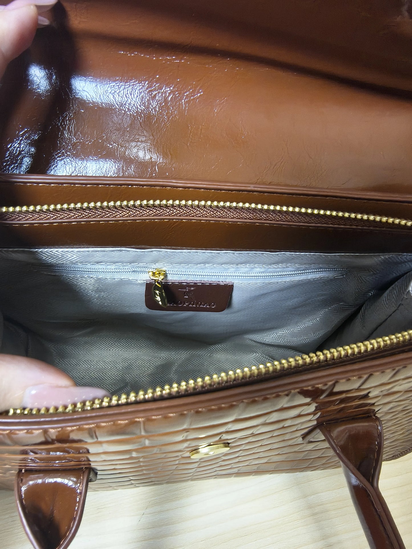 Trendy Caramel Brown Patent Croc Embossed Tote with Gold Buckle (E117)