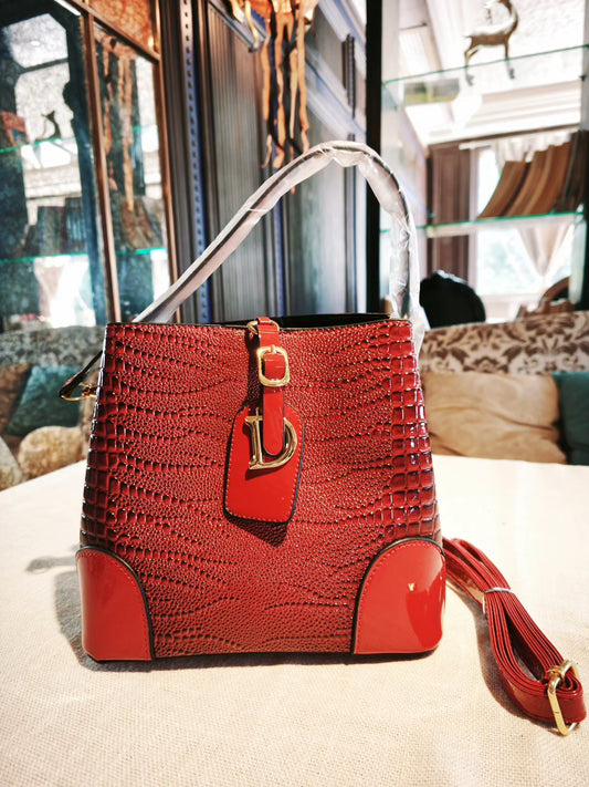 Elegant Red Croc-Embossed Top Bucket Bag