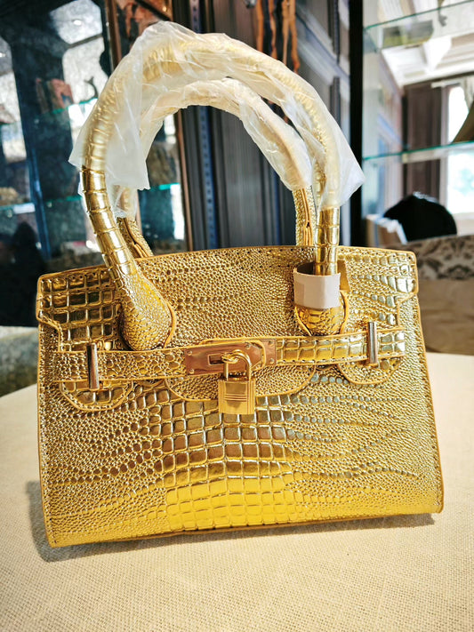 Luxury Gold Crocodile-Embossed Birkin Style Handbag with Classic Lock Design