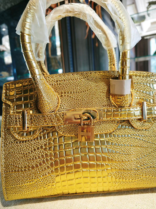 Luxury Gold Crocodile-Embossed Birkin Style Handbag with Classic Lock Design