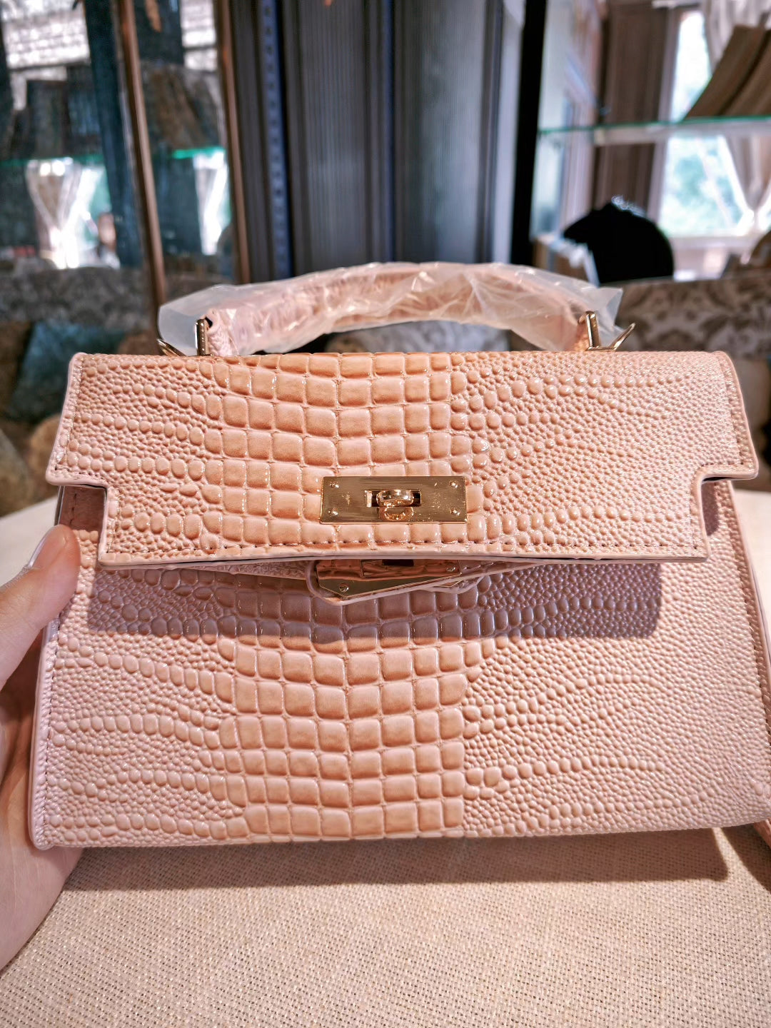 Pink Crocodile Pattern Kelly-Style Handbag