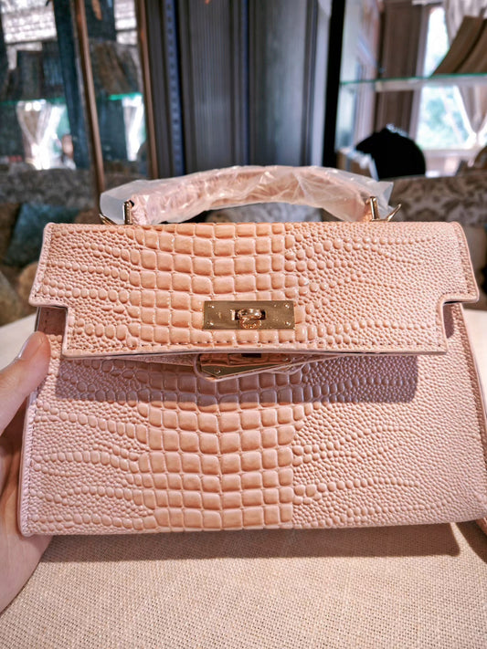Pink Crocodile Pattern Kelly-Style Handbag