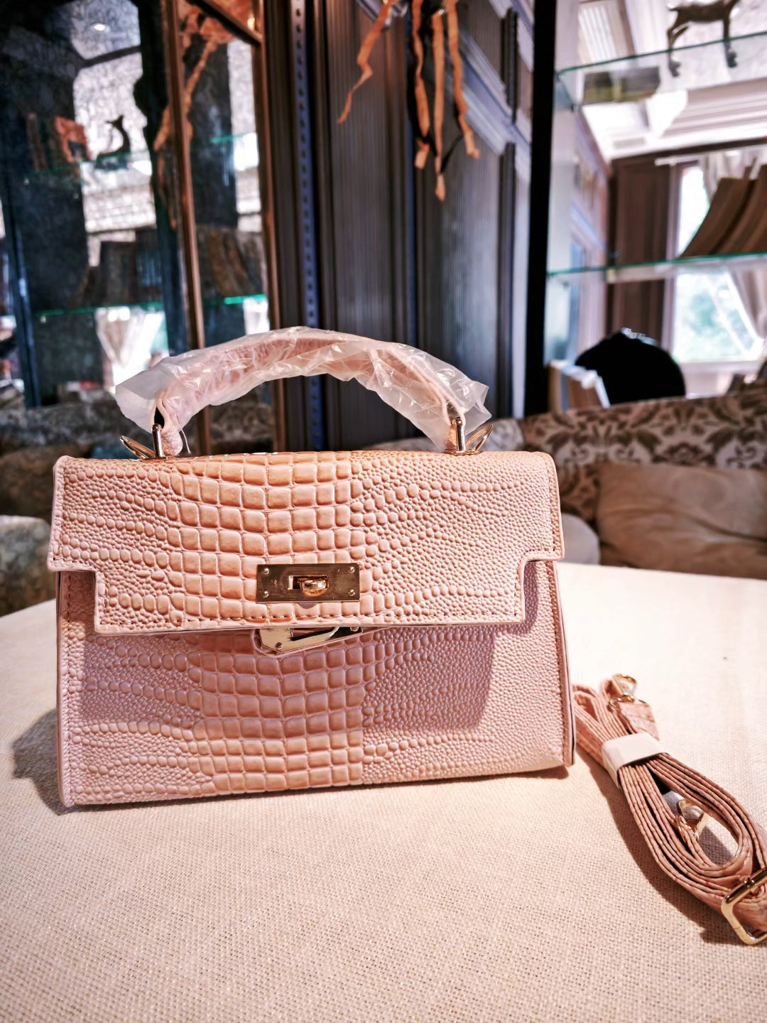 Pink Crocodile Pattern Kelly-Style Handbag