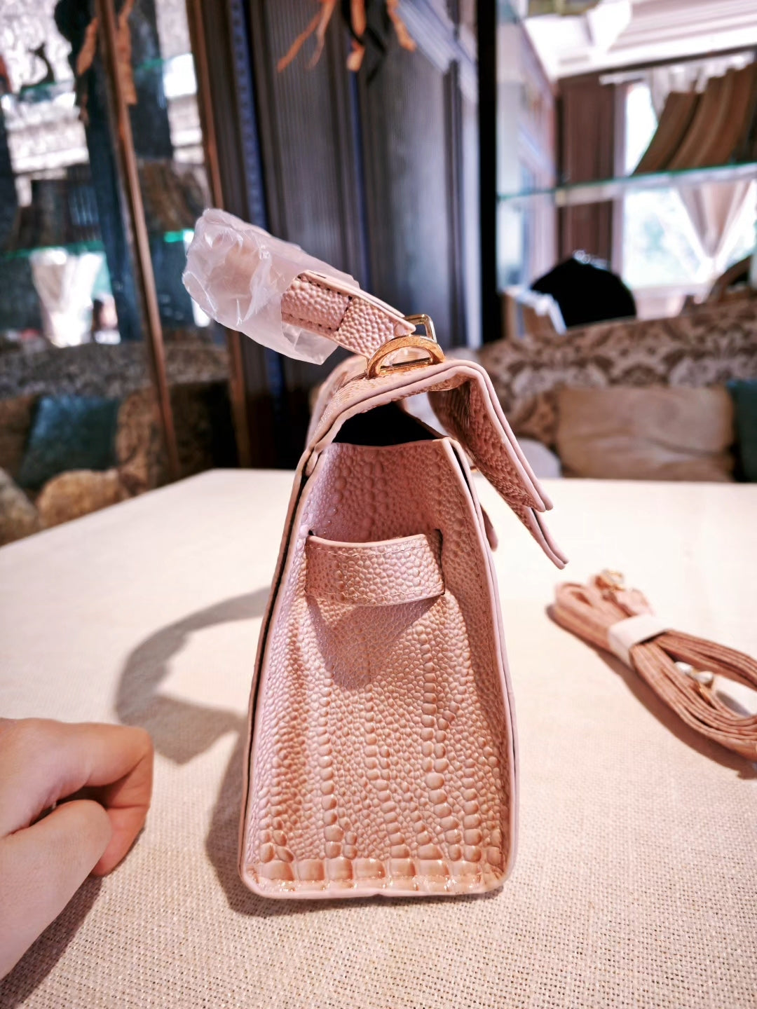 Pink Crocodile Pattern Kelly-Style Handbag