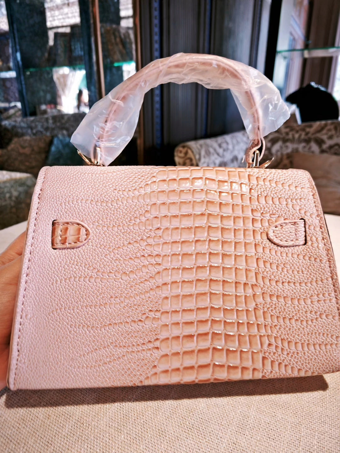 Pink Crocodile Pattern Kelly-Style Handbag