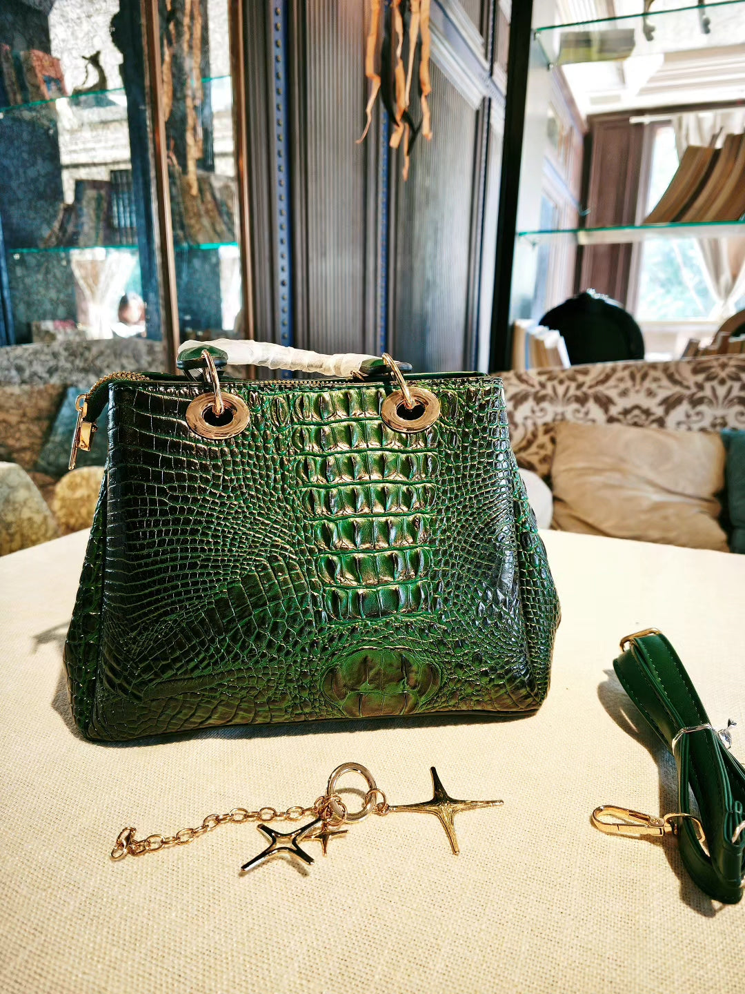 Emerald Green Crocodile Pattern Tote Bag