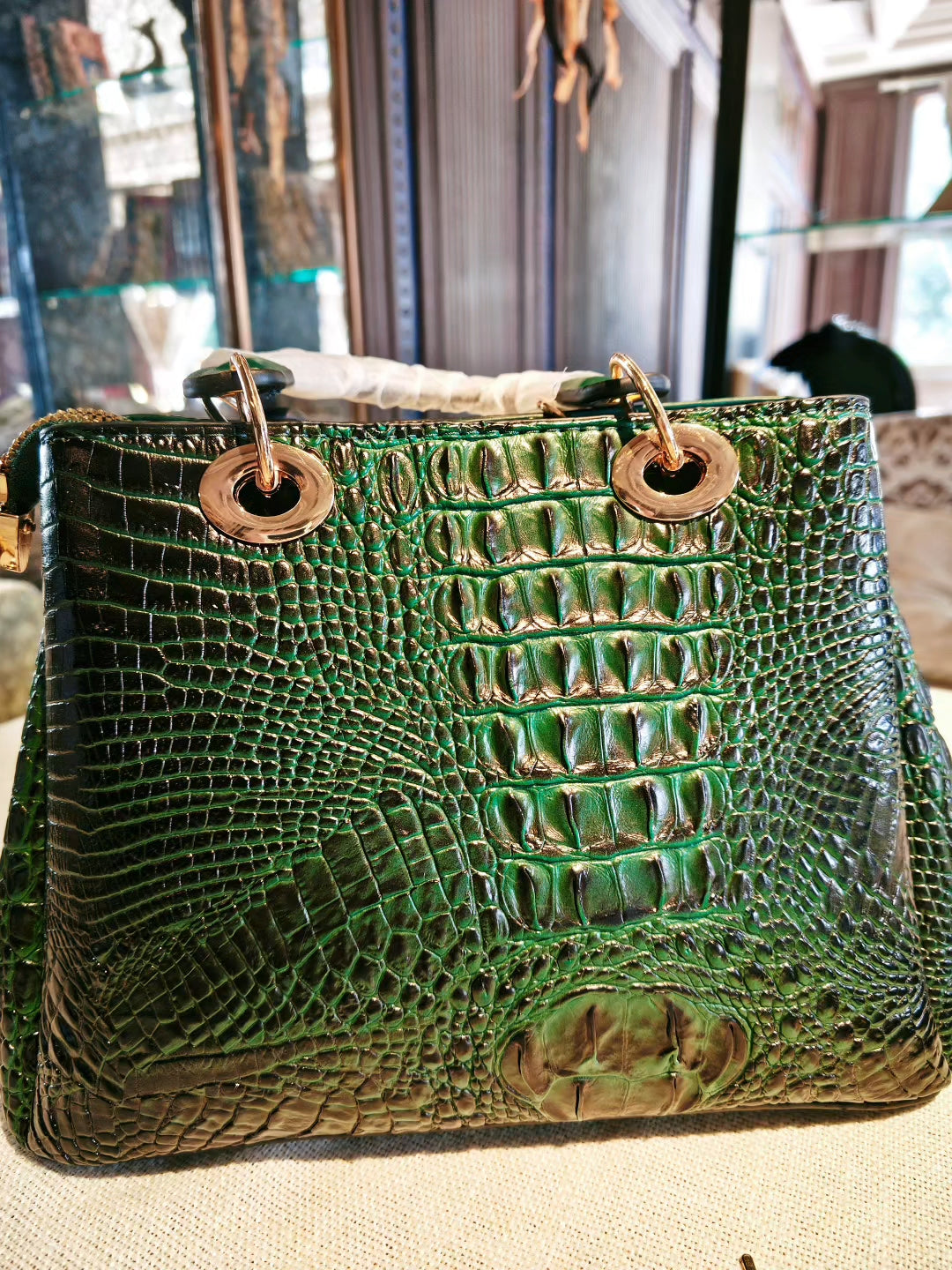 Emerald Green Crocodile Pattern Tote Bag