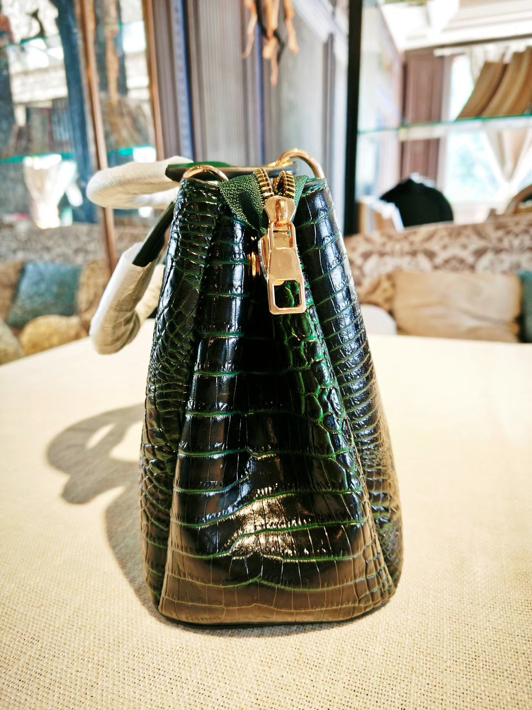 Emerald Green Crocodile Pattern Tote Bag