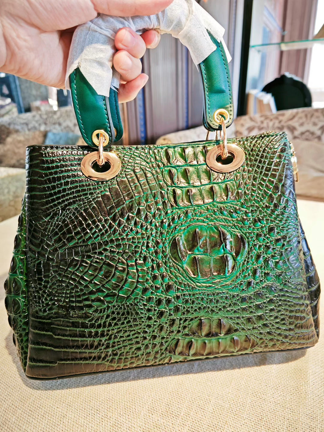 Emerald Green Crocodile Pattern Tote Bag