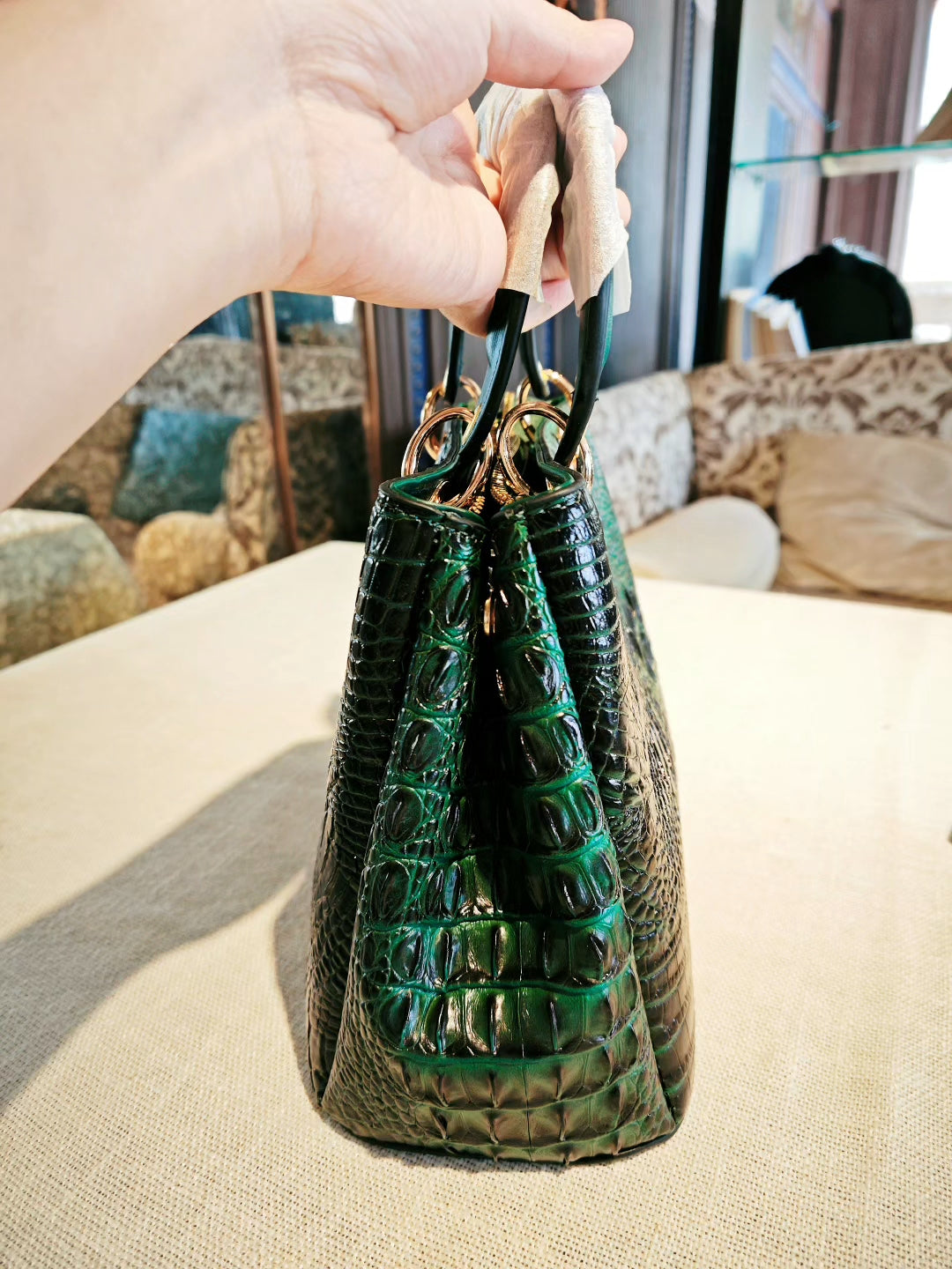 Emerald Green Crocodile Pattern Tote Bag