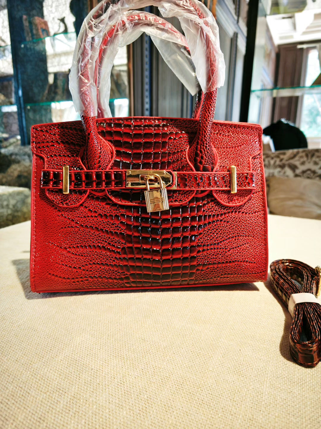 Red Crocodile Pattern Birkin Style Handbag